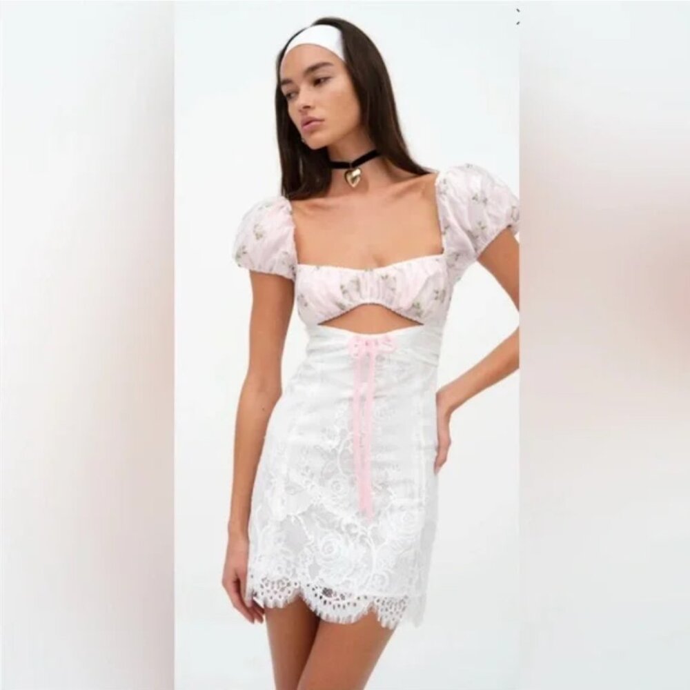 FOR LOVE AND LEMONS white lace floral jacquard London mini dress